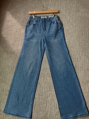 TCL Women's Dark Blue Wide-Leg Jeans with Crystal Embellishments